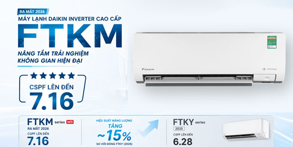 Máy lạnh Daikin FTKM 2026 đạt CSPF lên đến 7.16, tăng khoảng 15% so với dòng FTKY 2025 (CSPF 6.28)